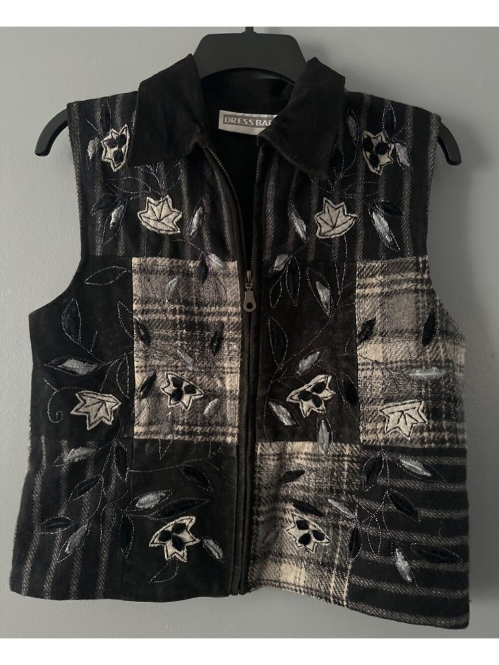 VTG Dressbarn Wool Leather Vest Women S Embroidered Front Plaid Back Cottagecore